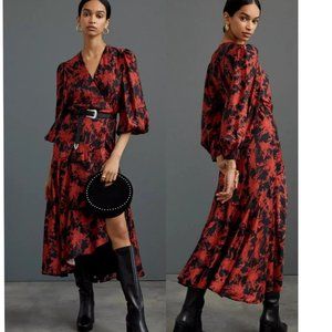 Anthropologie Caballero Abstract Wrap Midi Dress Silk Blend Lined Size Large NEW